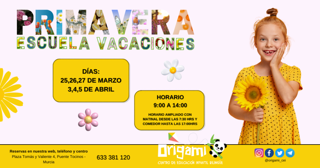 Sumérgete en la magia de la primavera con nuestra emocionante Escuela de Origami en Murcia. 🌸 Del 25 de marzo al 5 de abril, tus pequeños exploradores vivirán momentos inolvidables con actividades de arte, experimentos científicos, juegos al aire libre y aprendizaje jugando. ¡Fechas flexibles para tu comodidad! Descubre más en www.escuelainfantilorigami.com y asegura un lugar para tus hijos. Plazas limitadas, ¡no te pierdas esta oportunidad única! 🌷🎉